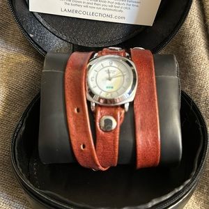 EUC La Mer Collections Burgundy Leather/Silver Wrap Watch